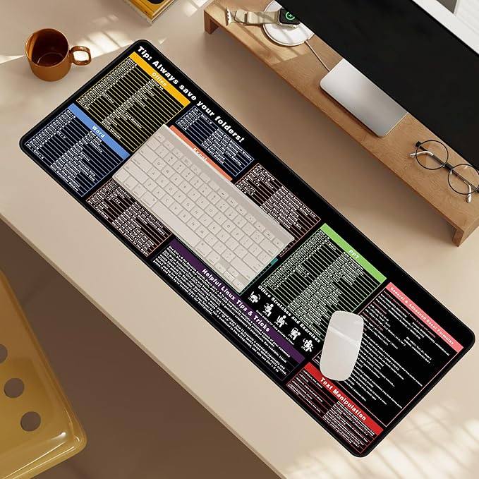 Excel Cheat Sheet Desk Pad, 31.5"x11.8", Waterproof Extra Large Excel Shortcut Mat with Stitched Edges, Anti-Slip Excel Mouse Pad for Office Desk, MS Excel/Word Shortcuts (Color Shortcut)