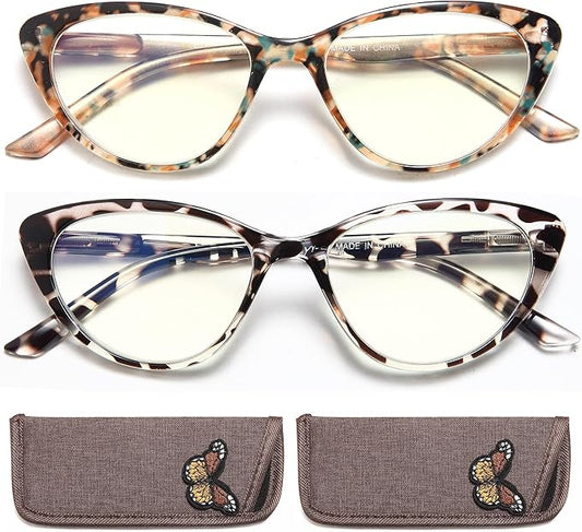 EYEURL Cat Eye Reading Glasses for Women -2 Pack of Blue Light Blocking Readers Spring Hinge Computer Eyeglass with Tortoise/Champagne Pattern Design Readers for women +2.75