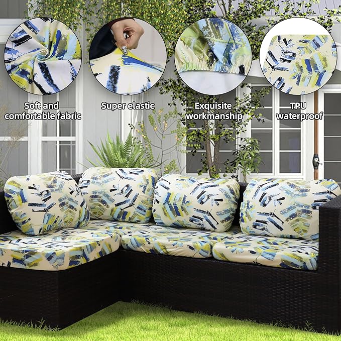 8Pcs Stretch Patio Cushion Covers Outdoor Cushion Cover, Jacquard Stretch Cushion Covers, Cover Replacement, Outdoor Sofa Covers, Washable Furniture Couch Cushion Cover (Yellow Maple)