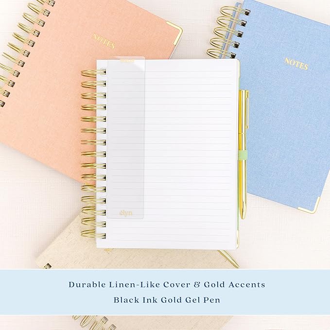 ELYN Lined Spiral Journal, Linen Hardcover Notebook with Matching Gold Gel Pen, 252 Pages, 8.2 in x 6.75 in - 100 GSM Premium Paper, Spiral Notebook for Home, Office, Notes & Gifts, (Green)