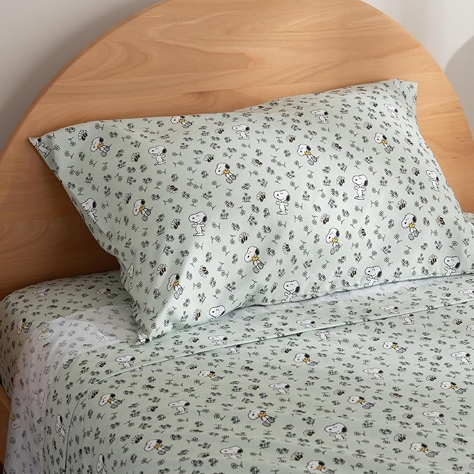 Berkshire Blanket Peanuts® Kids Sheet Set Twin Size - 3 Pieces,Cute Character Snoopy Printed Soft Microfiber Bed Sheets,Mini Snoopy & Woodstock New Flower and Bees Sage