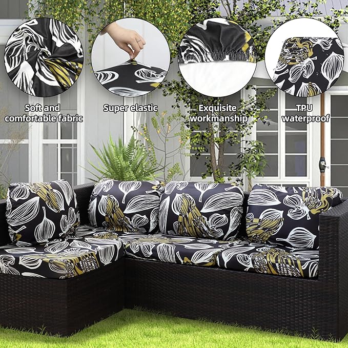 8Pcs Stretch Patio Cushion Covers Outdoor Cushion Cover, Jacquard Stretch Cushion Covers, Cover Replacement, Outdoor Sofa Covers, Washable Furniture Couch Cushion Cover (Herbal)