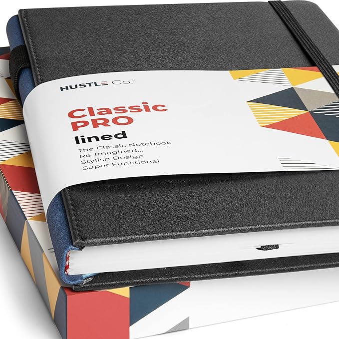 HUSTLE Co. Thick Hardcover Journal Notebook - Ruled/Lined A5 (5x8 inch), Deluxe 120gsm Paper, Lays Flat for Writing, Professional Notebooks for Work, Business, Office, Executive - Men & Women - Black