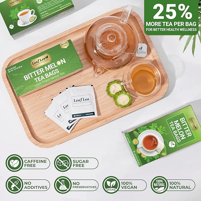 LeafLea 120 Bitter Melon Tea Bags, 100% Pure Bitter Melon Fruit. Supports Wellness and Digestion | Caffeine-Free, Sugar-Free, Vegan, Pack of 3