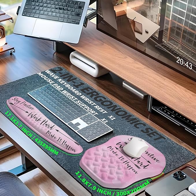 2-in-1 Ergonomic Set, Wave Keyboard Wrist Rest and Massage Slope Mouse Pad Wrist Support, Rebound Memory Foam for Relieve Carpal Tunnel Syndrome and Wrist Pain (Stay Positive)