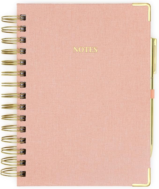 ELYN Lined Spiral Journal, Linen Hardcover Notebook with Matching Gold Gel Pen, 252 Pages, 8.2 in x 6.75 in - 100 GSM Premium Paper, Spiral Notebook for Home, Office, Notes & Gifts, (Pink)
