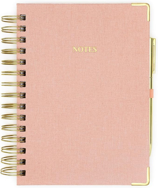 ELYN Lined Spiral Journal, Linen Hardcover Notebook with Matching Gold Gel Pen, 252 Pages, 8.2 in x 6.75 in - 100 GSM Premium Paper, Spiral Notebook for Home, Office, Notes & Gifts, (Pink)