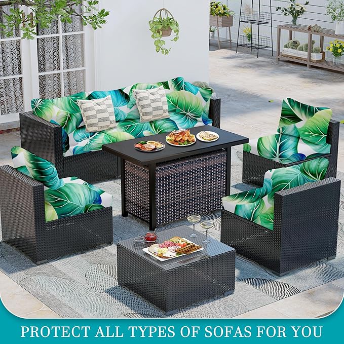 12 Pcs Stretch Patio Cushion Covers,Outdoor Couch Covers Replacement,Outdoor Couch & Sofa Slipcovers,for Patio Furniture Cushion Covers,Washable Reusable Furniture Protector (Green Leaf,Cover Only)