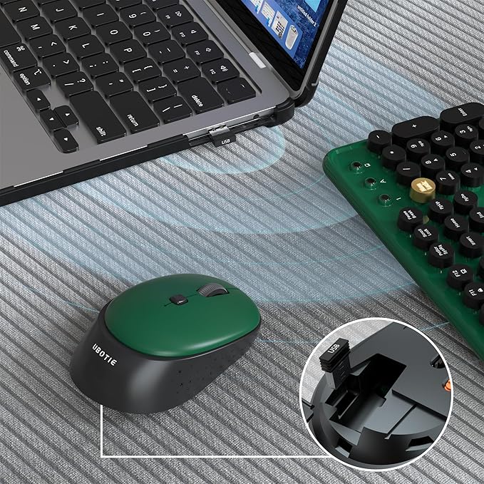 Colorful Wireless Computer Keyboards Mouse Combos, UBOTIE Polychrome Round Keycaps Retro PC Keyboards 2.4GHz Radio Frequency Connection with Optical Mouse(Green-Black)