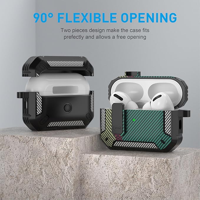 Maxjoy AirPods Pro 2nd/1st Generation Case Cover with Lock, AirPods Pro 2 Protective Case with Keychain Compatible with Apple AirPod Pro2 2023 USB C 2022 Lightning Cable/ Pro1 2019, Carbon Fiber Green