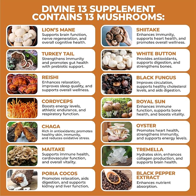 Mushroom Extract Complex with Black Pepper, Lion's Mane, Cordyceps, Turkey Tail, Chaga, Shiitake, Maitake, Nootropic Brain Supplements for Memory and Focus, Immune System Support, 90 Capsules