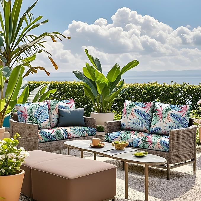 8Pcs Stretch Patio Cushion Covers Waterproof Outdoor Cushion Covers Patio Couch Cover Slipcovers, for Outdoor Furniture Protector Covers Replacement(Cover Only) (Tropical Flavor)