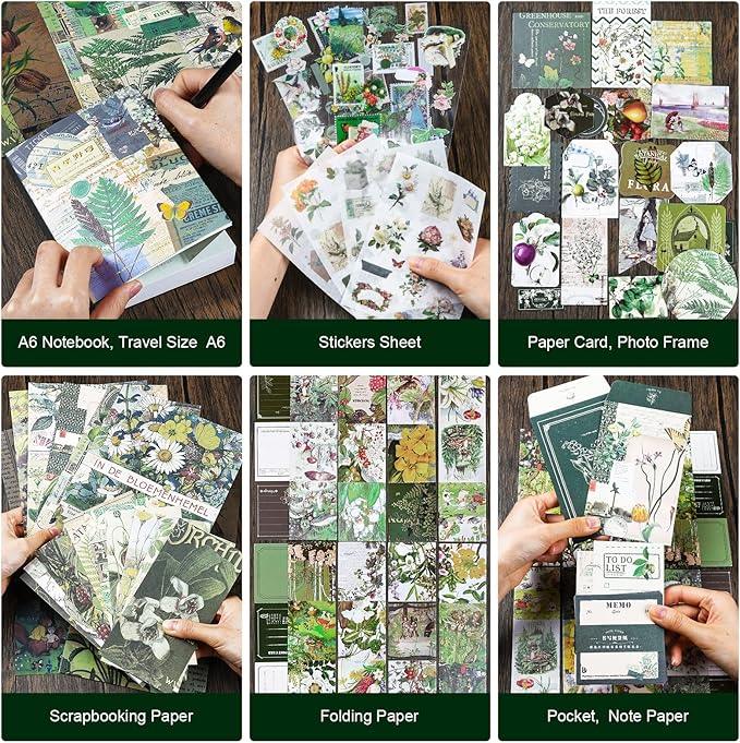 Scrapbooking Supplies Kit, Vintage Aesthetic Scrapbook Kit, Junk Journal Supplies with Scrapbooking Paper A6 Grid Notebook, Journaling Supplies, Birthday Craft Gift for Adult Teen Girl Kid, Botanical
