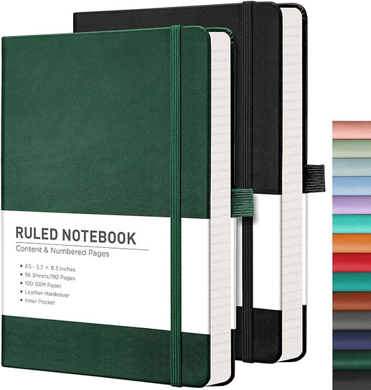 RETTACY Lined Journal Notebook, 2-Pack, 192 Numbered Pages per Pack, A5 Medium Size (5.7'' x 8.3''), for Men & Women, Writing, Work, Leather Hardcover, 100 GSM Thick Paper (Black & Dark Green)