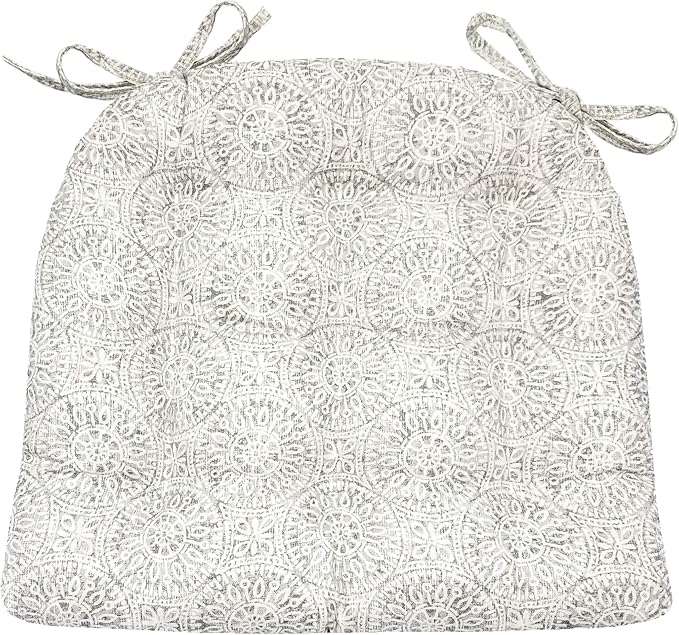 Barnett Home Decor Tibet Grey Dining Chair Pad with Ties - 15 x 17 Size Small Chair Cushion - Latex Foam Fill - Machine Washable, Reversible, 100% Cotton, Made in USA (Mandalas - Gray)