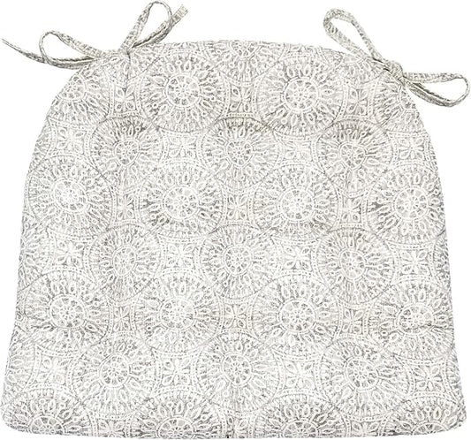 Barnett Home Decor Tibet Grey Dining Chair Pad with Ties - 15 x 17 Size Small Chair Cushion - Latex Foam Fill - Machine Washable, Reversible, 100% Cotton, Made in USA (Mandalas - Gray)