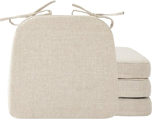 Chair Cushions for Dining Chairs, 2" Thick Seat Cushions for Kitchen Chairs, D-Shaped Chair Pads with Washable Cover, Ties and Non Slip Backing, 17'' x 16'', Set of 4, Beige