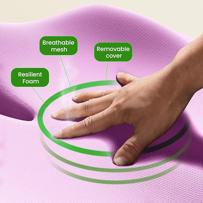 Benazcap Large Seat Cushion for Office Chair Memory Foam Coccyx Pain Relief Cushion Pillow for Back Support Non-Slip Seat Pad for Office Desk, Car Seat, Wheelchair, Sciatica-Pink