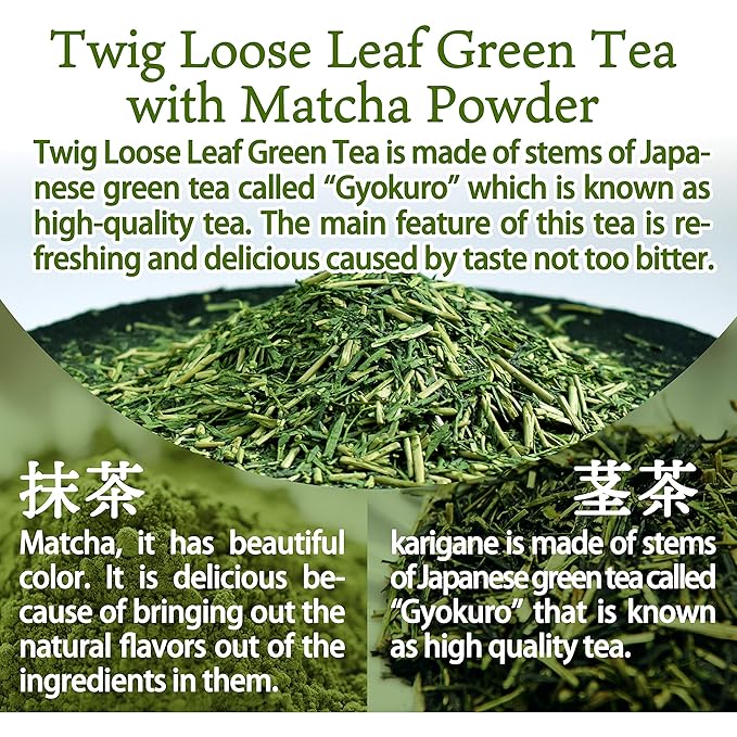 chaganju Organic Green Tea, Kukicha Twig tea with Matcha Green Tea Powder, Japanese Tea -KARIGANE- 100g Bag【YAMASAN】