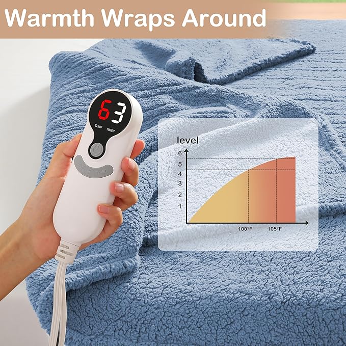 Electric Heated Blanket 6 Heating Settings & 10H Auto Off Full 72×84 Ultra-Soft Warm Machine Washable Home Office Light Blue