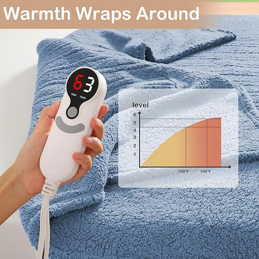 Electric Heated Blanket 6 Heating Settings & 10H Auto Off Full 72×84 Ultra-Soft Warm Machine Washable Home Office Light Blue