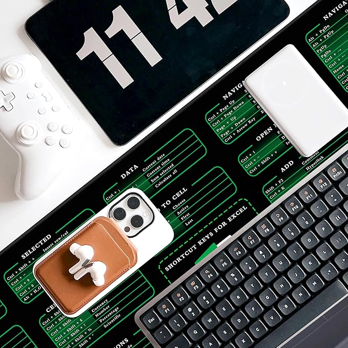 Excel Cheat Sheet Desk Pad, 31.5"x11.8", Waterproof Extra Large Excel Shortcut Mat with Stitched Edges, Anti-Slip Excel Mouse Pad for Office Desk, MS Excel/Word Shortcuts (Green Excel A)