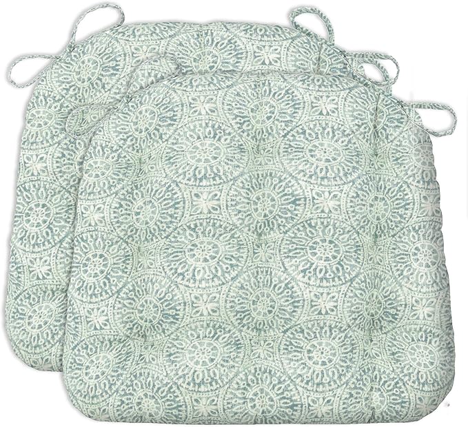 Barnett Home Decor Dining Chair Cushions with Ties – Size Medium 16.5 x 18 - Latex Foam Fill, 100% Cotton, Machine Washable Chair Pads for Kitchen Chairs, Made in USA (Tibet Spa/Pack of 2)