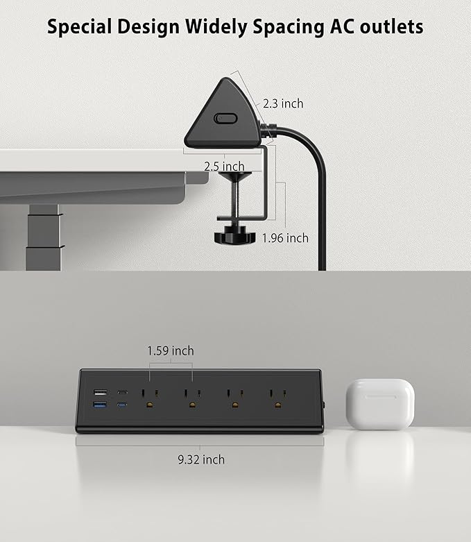 Jgstkcity Desk Clamp Power Strip,20W Fast Charging Station,Surge Protector Nightstand Edge Mount,1875W Extension Cord with Multiple Outlets,2 USB-C,2 USB-A,for Home Office (Black, 10 FT)