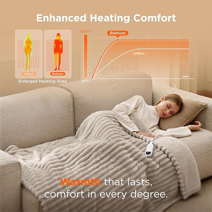Bedsure Heated Blanket Electric Throw - Thick Striped Flannel Electric Blanket, Heating with 4 Time Settings, 6 Heat Settings, and 3-Hour Timer Auto Shut Off, Gift for Grandma (50x60 inches, Linen)
