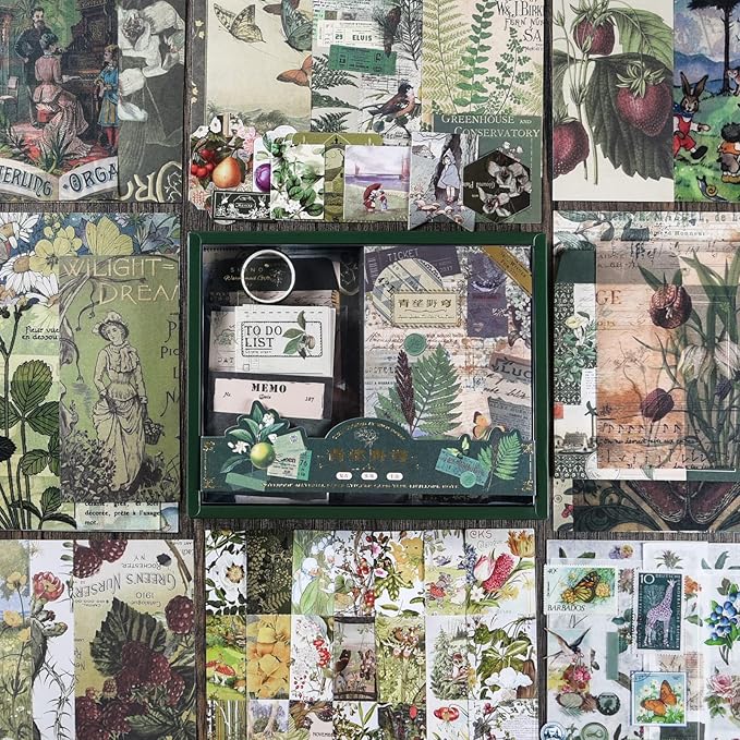 Scrapbooking Supplies Kit, Vintage Aesthetic Scrapbook Kit, Junk Journal Supplies with Scrapbooking Paper A6 Grid Notebook, Journaling Supplies, Birthday Craft Gift for Adult Teen Girl Kid, Botanical