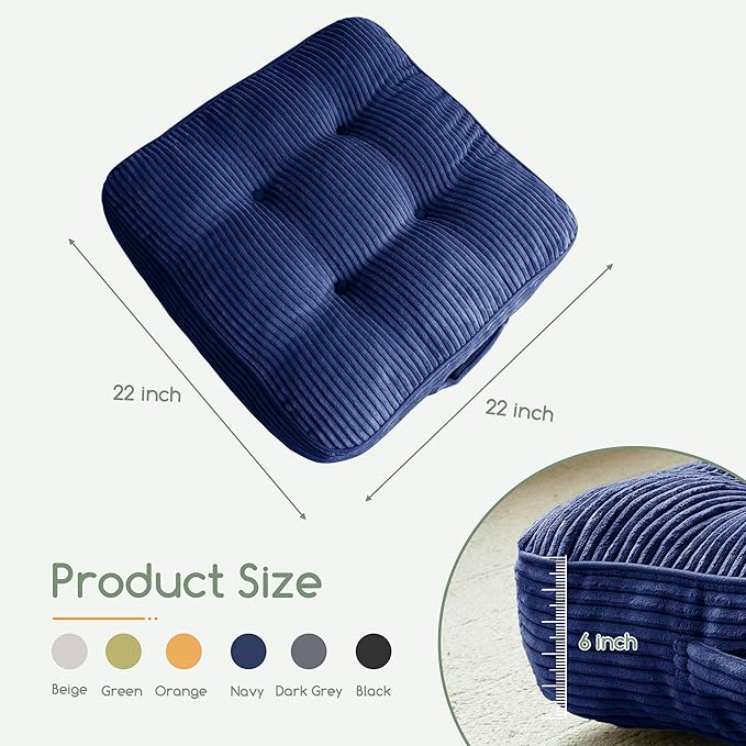 6" Washable Floor Pillow Cushion for Adults, Meditation Cushion Pillow, Large Square Floor Sitting, Removable Tufted Corduroy Cover, for Tatami Living Room or Yoga, 22x22 Inch, Machine Washable