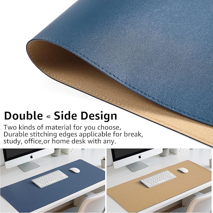 PU Leather Desk Mat, Large Mouse Pad with Cork Base, Writing Desk Blotter, Desk pad for Keyboard and Mouse,Keyboard mat for Desk Decor-Computer Mouse Pad(Dark Blue, 31.5x15.7in)