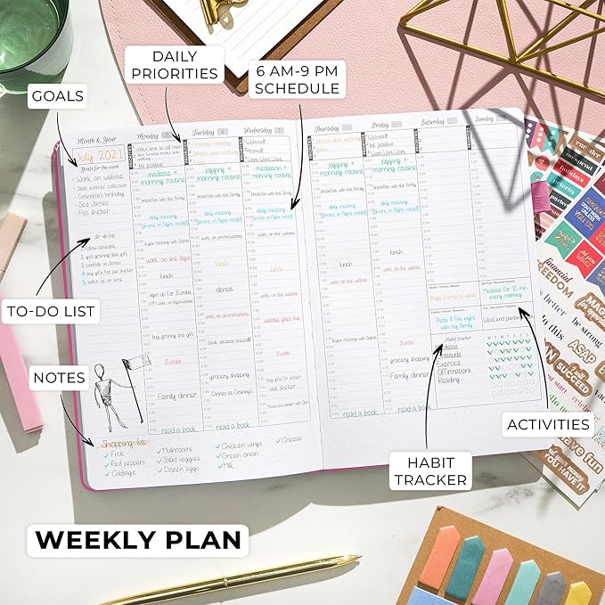 GoGirl Weekly Schedule Planner – Hourly Work & Life Planner with Time Slots – Vertical Agenda Organizer for Daily Productivity, A5 (Violet Blossom)