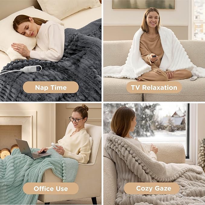 Bedsure Heated Blanket Electric Throw - Thick Striped Flannel Electric Blanket, Heating with 4 Time Settings, 6 Heat Settings, and 3-Hour Timer Auto Shut Off, Gift for Grandma (50x60 inches, Grey)