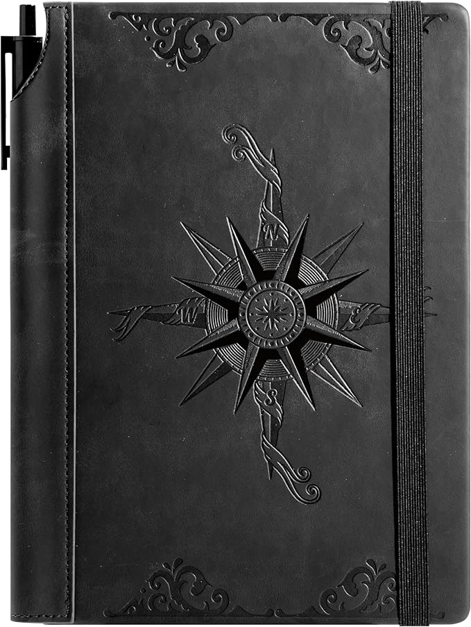CAGIE Compass Leather Notebook Journal for Men, 100 GSM 288 Pages Lined Journals for Writing, A5 Hardcover Journaling Notebooks Gift Set with Pen for Travel Office Daily Writing