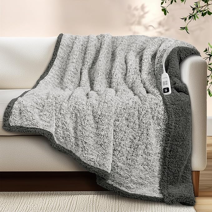 Electric Heated Blanket Throw 50x60 inches, Fast Heating w/ 10 Heat Settings & 2/4/8/10H Auto Timer, Double-Sided Sherpa, Ultra Soft & Cozy for Couch, Bed, Office, Machine Washable