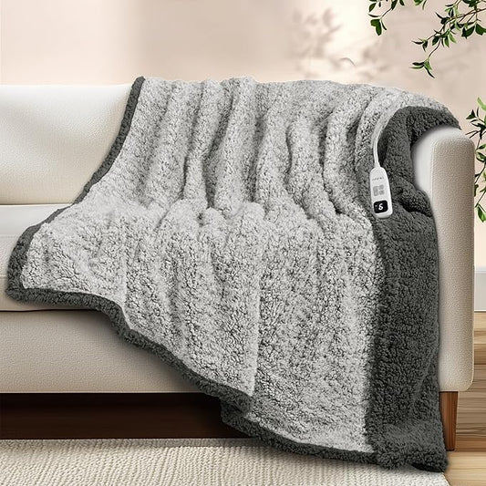 Electric Heated Blanket Throw 50x60 inches, Fast Heating w/ 10 Heat Settings & 2/4/8/10H Auto Timer, Double-Sided Sherpa, Ultra Soft & Cozy for Couch, Bed, Office, Machine Washable