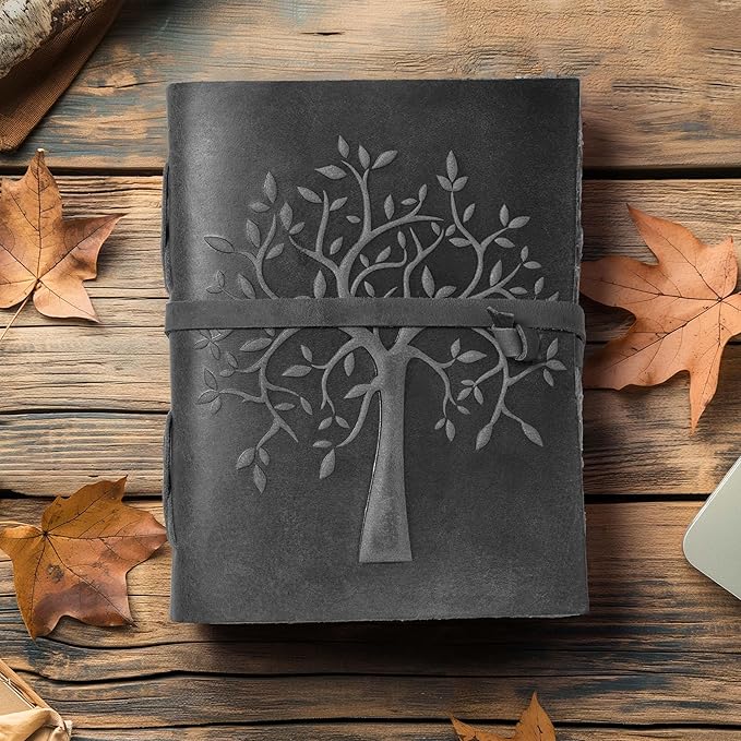 LEATHER VILLAGE Tree of Life Journal - 13 X 8 inches - Rustic Black - 200 Antique Deckle Edge Handmade Paper – Book of Shadows - Vintage Leather Bound Journal for Women & Men