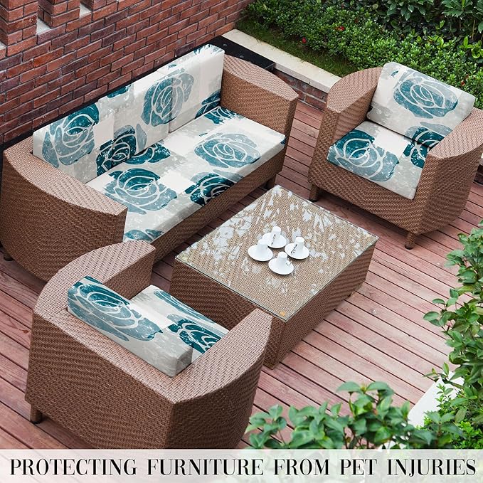 8Pcs Stretch Patio Cushion Covers Outdoor Cushion Cover, Jacquard Stretch Cushion Covers, Cover Replacement, Outdoor Sofa Covers, Washable Furniture Couch Cushion Cover (Blue Rose)