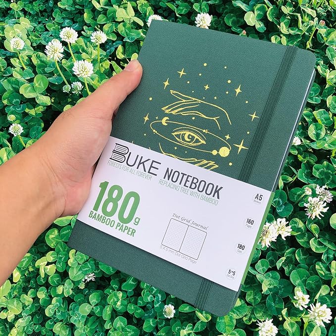 BUKE A5 Dotted Journal Dot Grid Notebook 180Gsm Bamboo White Paper, 5 * 5MM Dot Grid 160 Pages, Colored Silver Edges, Waterproof Fabric Hardcover