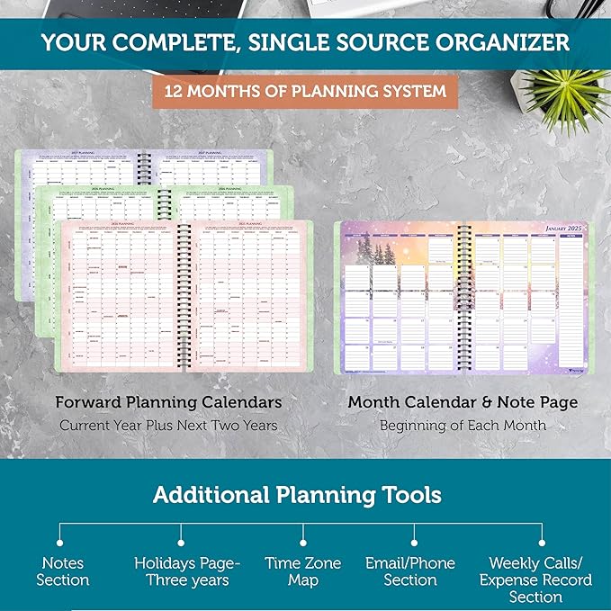 Planner Pad Spiral Bound January-December 2025/ Calendar Year 6 3/4" x 8 1/2" Medium 3-Tier Funnel Down 12 Month Organizer, Seasonal Color Ink