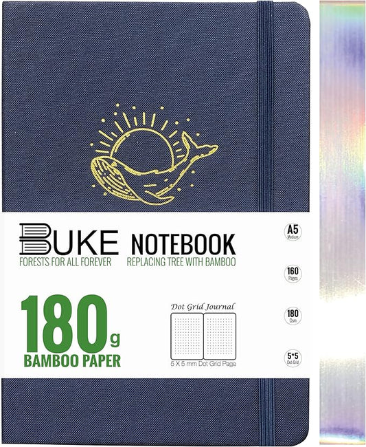 Dot Grid Notebook Dotted Journal,180Gsm Bamboo White Paper, 5 * 5MM Dots 160 Pages, Lay Flat Binding,Colored Silver Edges, Bookmarks and Expandable Back Pocket