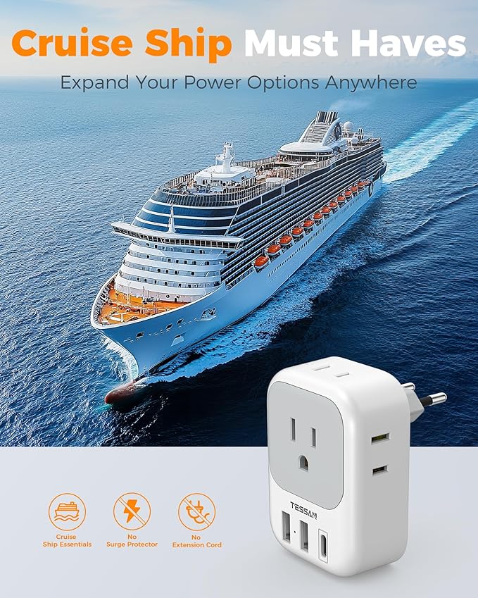 European Travel Plug Adapter USB C, TESSAN International Plug Adapter with 4 AC Outlets 3 USB Charging Ports, Type C Europe Power Adaptor for US to EU France Germany Iceland Spain Italy