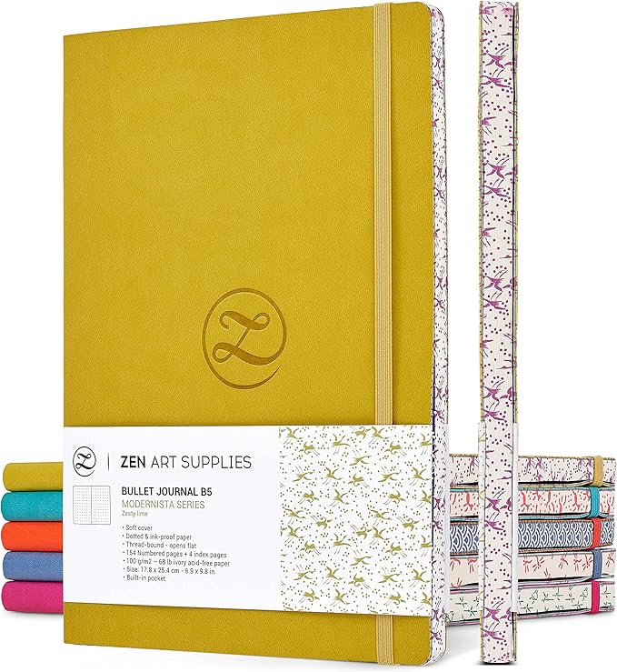 Lay Flat Large B5 Dotted Journal - Enjoy Bullet Journaling with a Soft Cover 7x10-inch, Non-Bleed Thick 120gsm Paper, Dot Journal in Yellow, Japanese Edge Motif - Faux Leather Dot Notebook - ZenART