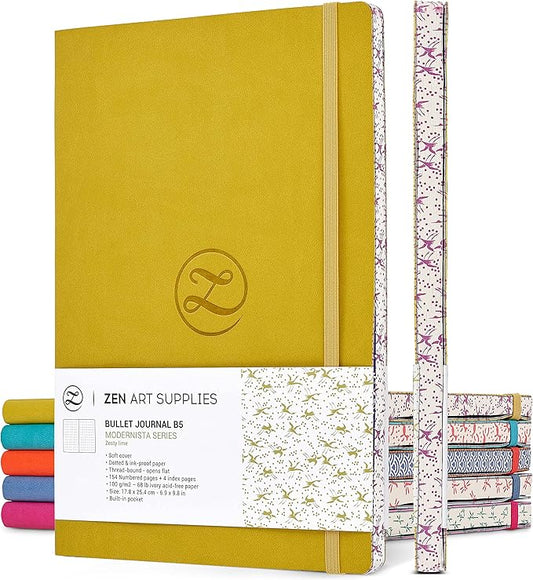 Lay Flat Large B5 Dotted Journal - Enjoy Bullet Journaling with a Soft Cover 7x10-inch, Non-Bleed Thick 120gsm Paper, Dot Journal in Yellow, Japanese Edge Motif - Faux Leather Dot Notebook - ZenART