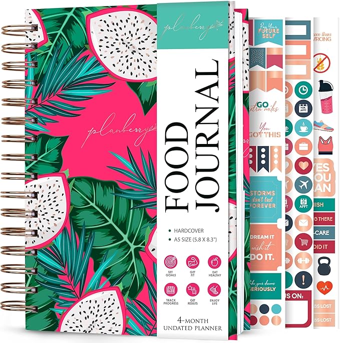 PLANBERRY Food Journal Premium – Nutrition Planner – Diet & Calorie Tracker – Meal & Exercise Diary – Weight Loss Journal (Dragon Fruit)