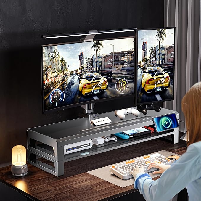 2-Tier Metal Computer monitor stand Laptop Desk Shelf & Monitor Riser ，21.55 inches long desk riser Monitors/PC/Laptop/Computer Space Saver Organizer (Basic Version, Two-layer 550mm)