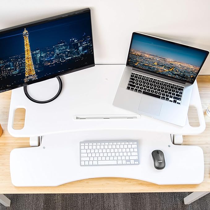 TechOrbits Standing Desk Converter - 37 Inch Adjustable Sit to Stand Up Desk Workstation, MDF Wood, Ergonomic Desk Riser with Keyboard Tray, Desktop Riser for Home Office Computer Laptop, White 37"