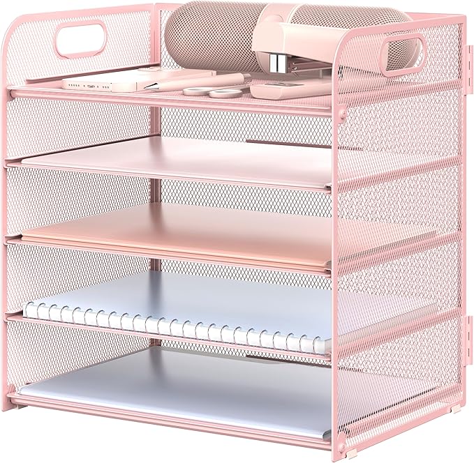 Sinboun Letter Tray Paper Organizer 5-Tier Desk Organizer File Organizer Paper Holder with Handle, Metal Desktop Document Shelf Tray Office Classroom Organization - Pink, PK5CENGTISHOU
