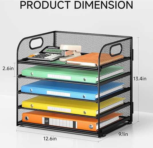 Lavatino 5 Tray Desk File Organizer, Black Mesh Paper Sorter Letter Tray Organizer with Handle, Desktop File Organizer and Storage for Letter/A4 Office File Folder